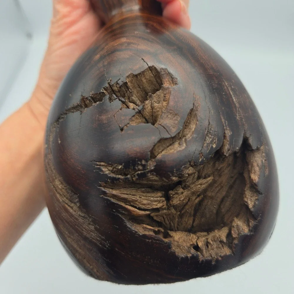 Vintage Hand Turned Ironwood Burl Wood Vase Live Edge Nice Patina 7